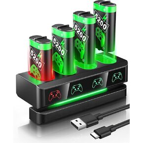 Rechargeable Battery Pack for XboxOne/XboxSeries X|S: 4 x 5200mWh Batteries for Xboxs, Controller Battery Pack Accessories with Controller Charger for XboxOne S|X/Elite (Black)