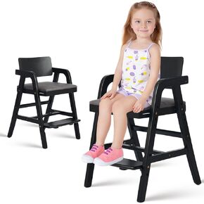 Wooden High Chair Baby Highchair, Adjustable High Chair for Babies/Toddlers with Steps, Kids Dining Chair, Children Chair, Teens Study Chair with Removable Cushion (Black)