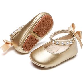 Baby Girls Mary Jane Flats - Infant Newborn Walking Shoes Soft Rubber Sole Princess Wedding