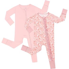 JunNeng 2Pcs Baby Girl Bamboo from Viscose Sleeper with Mitten Cuffs, Footless Ruffle Comfy Zippy Romper, Sleep N' Play Pjs