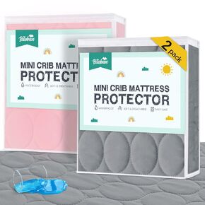 Mini Crib Mattress Protector Sheets Waterproof 2 Pack, Quilted Pack and Play Mattress Pad Cover Fits for Baby Mini Crib/Playen/Pack and Play Mattress, Grey & Pink, 38"x24"