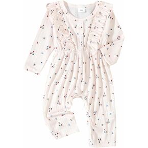 Newborn Baby Girl Clothes Flower Print Ruffle Ribbed Long Sleeve Romper Jumpsuit Infant One Piece Fall Winter Outfit