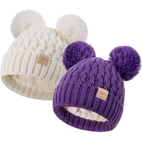 Toddler Winter Beanie Hat, Infant Winter Warm Knit Fleece Lined Cap for Girls Boys with Pom Pom for 0-3 Months 2 Packs