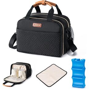 Breastmilk Cooler Bag with Ice Pack Fits 6 Baby Bottles Up to 9 Ounce, Compatible with Wearable Breast Pumps & Accessories-Black