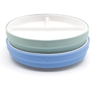 Elk and Friends 6.7" Kids Porcelain White Plates with Silicone Sleeves | Divided Plates | Suitable for Kids/Toddlers | Microwave & Dishwasher Safe | Non Slip | Snack Dishes