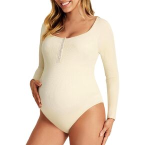 Summer Mae Maternity Bodysuit for Women Ribbed Pregnancy Romper One Piece Seamless Jumpsuit Long Sleeved Button Top Unitard