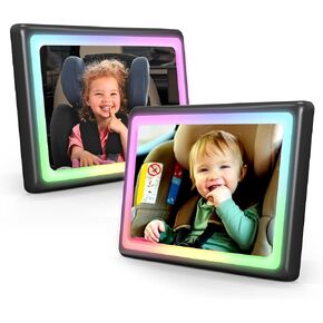 Baby Car Mirror with Light 2-Pack, 7 RGB Colors, 360° Adjustable Rear Facing Car Seat Mirror, Wide Clear View & Shatterproof Safety for Infant Newborn Toddler with Remote