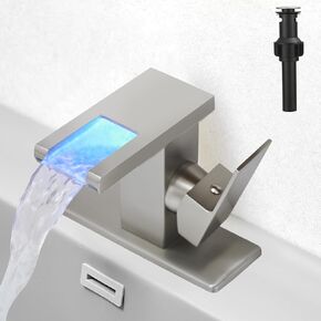 Hoimpro LED Waterfall Bathroom Faucet Black, Single Handle Bathroom Sink Faucet 1 Hole, 3 Colors Light Changing, with Pop-up Drain and cUPC Supply Lines, Stainless Steel
