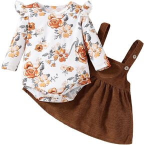 Newborn Baby Girl Fall Outfits Long Sleeve Floral Romper and Overall Suspender Skirt Sets Infant Girls Dress Clothes