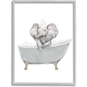 Stupell Industries Baby Elephant Bubble Claw Bathtub Safari Animal Bathroom, Designed by Ziwei Li Gray Framed Wall Art, 11 x 14, White