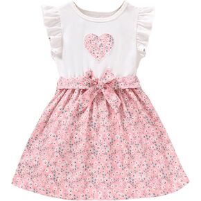 MakeMeChic Girl's Ditsy Floral Dress Ruffled Sleeveless Crew Neck Belted A Line Swing Cute Short Dress