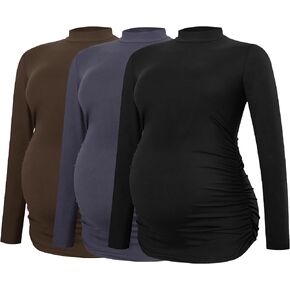 Smallshow Women's Maternity Shirts Crew Neck Long Sleeve Pregnancy Clothes Tops 3 Pack