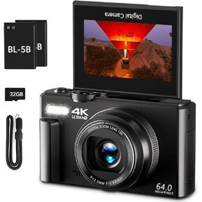 4K Digital Camera for Photography, 64MP Vlogging Camera for YouTube with 3" 180° Flip Screen, 18X Digital Zoom Point and Shoot Camera with 32GB Micro SD Card for Beginner (Black)