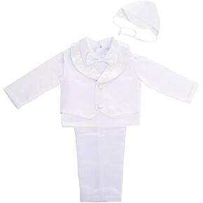 Dressy Daisy Baby Boys Christening Clothing Infant Baptism Outfits 4 Pieces Satin White Vest Suit Set with Bonnet