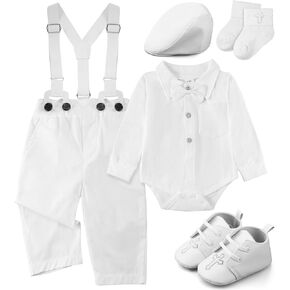 5 Pcs Baby Boy Baptism Outfits Includes Shirt Beret Hat Suspender Pants Shoes Socks Christening Outfits for Boys