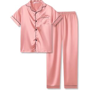 Tebbis Satin Pajamas for Girls - Neon Pink Cute Silky Short Sleeves & Pants Sleepwear PJ Set Size 6/7-16