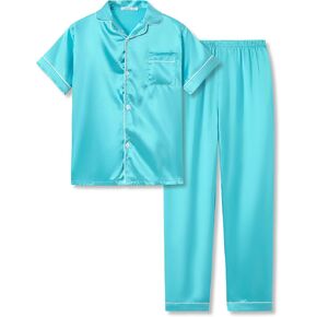 Tebbis Satin Pajamas for Girls - Neon Pink Cute Silky Short Sleeves & Pants Sleepwear PJ Set Size 6/7-16 in Saudi Arabia