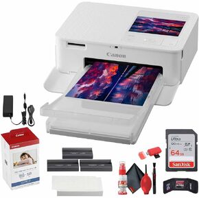 طابعة الصور المدمجة SELPHY CP1500 من Canon (أبيض) (5540C002) مجموعة ورق وأحبار ملونة KP-108IN + بطاقة ذاكرة Ultra سعة 64 جيجابايت + طقم تنظيف + محفظة بطاقة ذاكرة + قارئ بطاقات in Kuwait