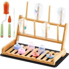 Bamboo Baby Bottle Drying Rack with Brush, Drying Mat Set Space Saving Kitchen Bottles Holder Baby Bottle Rack Organizer for Countertop Counter Travel Cleaning Dryer Storage Accessories