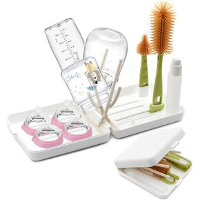 Portable Baby Bottle Brush Kit Premium Silicone Bottle Cleaner Brush, Nipple Brush, Straw Brush, Soap Dispenser, Bottle Drying Rack, and a Storage Organizer Case for Both Home and Travel Uses (White)
