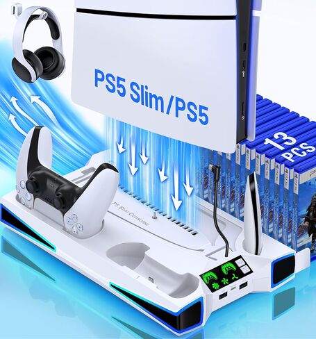محطة تبريد لوحدة التحكم PS5 / PS5 Slim، ومروحة ثلاثية المستويات وإضاءة RGB LED لـ PS5/ 2023 PS5، وحامل تبريد نحيف، مع شاحن وحدة تحكم لجهاز PlayStation 5، وحامل سماعة الرأس، و3 منافذ شحن، وملحقات لجهاز PS5 in Kuwait