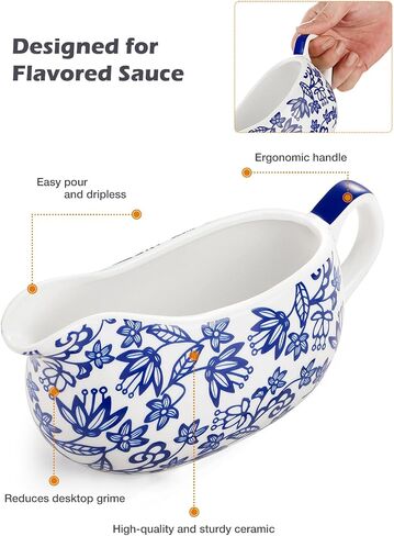 LoeJan 14OZ Gravy Boat with Spoon, Ceramic Sauce Serving Dish, Easy-Pour Big Dripless Lip Spout Serveware Set For Salad Cream Milk Broth Black Pumpkin Thanksgiving in Saudi Arabia