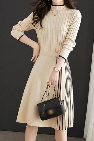 LAI MENG FIVE CATS Women's Elegant Long Sleeve Sweater Ribbed Knit Pullover Fall Midi Dress in Saudi Arabia