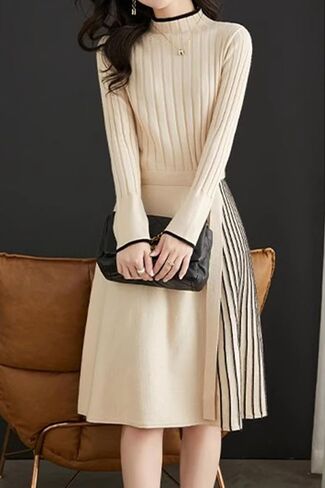 LAI MENG FIVE CATS Women's Elegant Long Sleeve Sweater Ribbed Knit Pullover Fall Midi Dress in Saudi Arabia