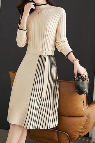 LAI MENG FIVE CATS Women's Elegant Long Sleeve Sweater Ribbed Knit Pullover Fall Midi Dress in Saudi Arabia