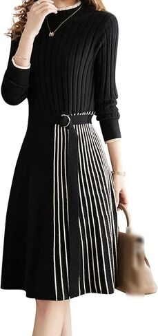LAI MENG FIVE CATS Women's Elegant Long Sleeve Sweater Ribbed Knit Pullover Fall Midi Dress in Saudi Arabia