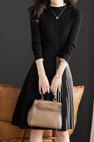 LAI MENG FIVE CATS Women's Elegant Long Sleeve Sweater Ribbed Knit Pullover Fall Midi Dress in Saudi Arabia