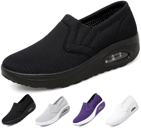 Women's Platform Orthopedic Air Cushion Walking Shoes Mesh Breathable Diabetic Nurse Work Sneakers Slip-ons Light Wedge Ladies Toning Rocker Shoe (grey,9,Women,9) in Saudi Arabia