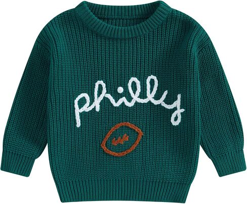 Honganda Newborn Baby Boy Girl Football Outfit Long Sleeve Cable Knit Letters Embroidered Sweater Pullover Knitwear Top in Kuwait