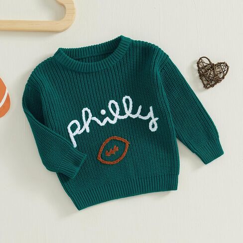 Honganda Newborn Baby Boy Girl Football Outfit Long Sleeve Cable Knit Letters Embroidered Sweater Pullover Knitwear Top in Kuwait
