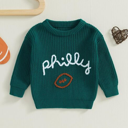 Honganda Newborn Baby Boy Girl Football Outfit Long Sleeve Cable Knit Letters Embroidered Sweater Pullover Knitwear Top in Kuwait
