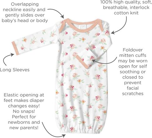 SwaddleDesigns Softest Cotton Baby Pajama Gown with Foldover Mitten Cuffs for Infant Boy and Girl, Newborn, 0-3 Months in Saudi Arabia