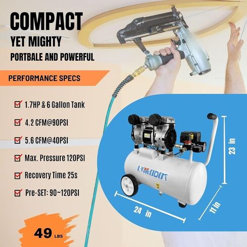 Air Compressor, Ultra Quiet Air Compressor, Only 68dB, 6 Gallon Durable Steel Air Tank, 4.2CFM @ 90PSI, Oil-Free, Ideal For Shop, Garage, Car, Pneumatic Tool, 1.7 HP in Kuwait