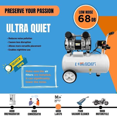 Air Compressor, Ultra Quiet Air Compressor, Only 68dB, 6 Gallon Durable Steel Air Tank, 4.2CFM @ 90PSI, Oil-Free, Ideal For Shop, Garage, Car, Pneumatic Tool, 1.7 HP in Kuwait