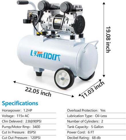 Air Compressor, Ultra Quiet Air Compressor, Only 68dB, 6 Gallon Durable Steel Air Tank, 4.2CFM @ 90PSI, Oil-Free, Ideal For Shop, Garage, Car, Pneumatic Tool, 1.7 HP in Kuwait