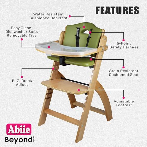 Abiie Beyond Junior Wooden High Chair for Babies and Toddlers - Convertible 3-in-1 Baby Highchair with Removable Tray - 6 Months to 250 Lb - Water Resistant - Natural Wood/Dove Grey Cushion in Saudi Arabia