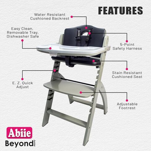 Abiie Beyond Junior Wooden High Chair for Babies and Toddlers - Convertible 3-in-1 Baby Highchair with Removable Tray - 6 Months to 250 Lb - Water Resistant - Natural Wood/Dove Grey Cushion in Saudi Arabia