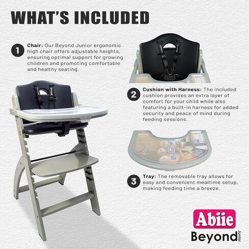 Abiie Beyond Junior Wooden High Chair for Babies and Toddlers - Convertible 3-in-1 Baby Highchair with Removable Tray - 6 Months to 250 Lb - Water Resistant - Natural Wood/Dove Grey Cushion in Saudi Arabia