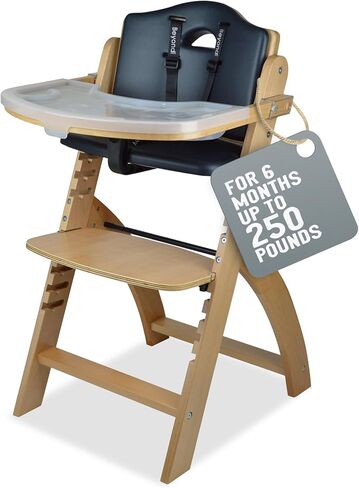 Abiie Beyond Junior Wooden High Chair for Babies and Toddlers - Convertible 3-in-1 Baby Highchair with Removable Tray - 6 Months to 250 Lb - Water Resistant - Natural Wood/Dove Grey Cushion in Saudi Arabia