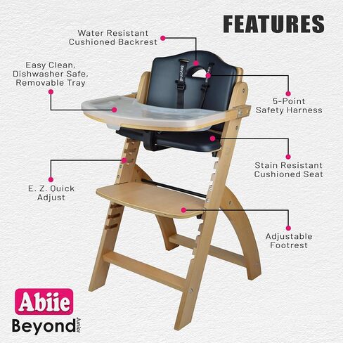 Abiie Beyond Junior Wooden High Chair for Babies and Toddlers - Convertible 3-in-1 Baby Highchair with Removable Tray - 6 Months to 250 Lb - Water Resistant - Natural Wood/Dove Grey Cushion in Saudi Arabia