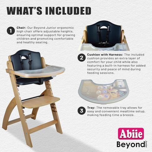 Abiie Beyond Junior Wooden High Chair for Babies and Toddlers - Convertible 3-in-1 Baby Highchair with Removable Tray - 6 Months to 250 Lb - Water Resistant - Natural Wood/Dove Grey Cushion in Saudi Arabia
