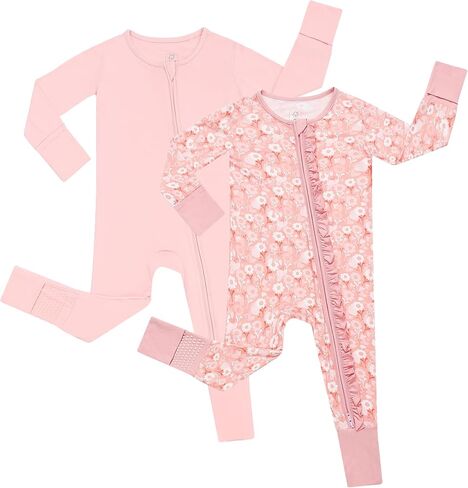 JunNeng 2Pcs Baby Girl Bamboo from Viscose Sleeper with Mitten Cuffs, Footless Ruffle Comfy Zippy Romper, Sleep N' Play Pjs in Kuwait