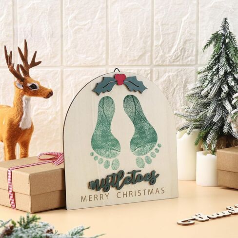 Baby's First DIY Christmas Footprint Art Wooden Mistletoe Craft Milestone Card Christmas Rustic Hanging Ornament Nursery Footprint Decorative for Baby Shower Newborn Photoshoot Prop in Saudi Arabia