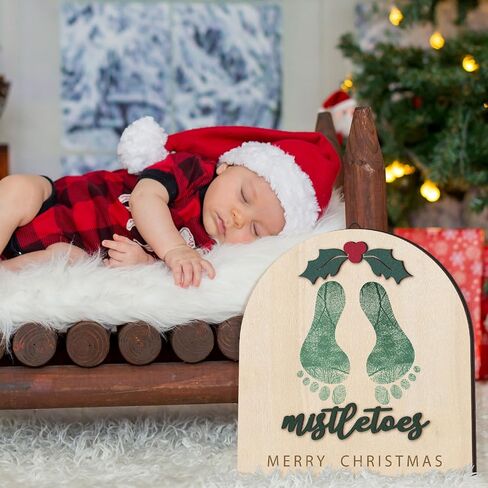Baby's First DIY Christmas Footprint Art Wooden Mistletoe Craft Milestone Card Christmas Rustic Hanging Ornament Nursery Footprint Decorative for Baby Shower Newborn Photoshoot Prop in Saudi Arabia