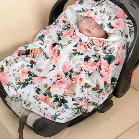 DILIMI مقعد السيارة المعطف للطفلة، الشتاء مقنعين المعطف عباءة الرأس للطفل الصغير، طبقة مزدوجة دافئة مينكي معطف مقعد السيارة للأطفال، الأزهار الوردية in Kuwait