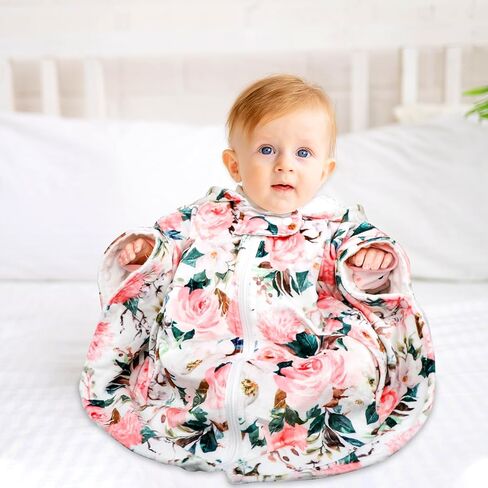 DILIMI مقعد السيارة المعطف للطفلة، الشتاء مقنعين المعطف عباءة الرأس للطفل الصغير، طبقة مزدوجة دافئة مينكي معطف مقعد السيارة للأطفال، الأزهار الوردية in Kuwait